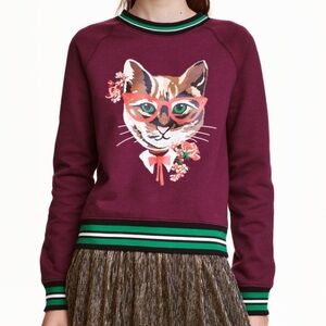 H&M Divided Nerdy Cat Graphic Burgundy Stripe Sweatshirt Preppy Academic Size L